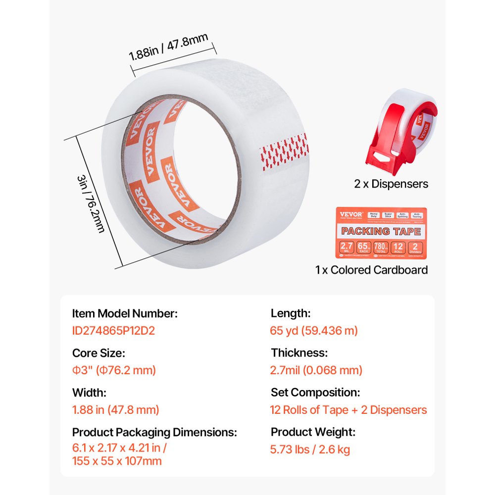VEVOR Clear Packing Tape, 3 inches Core, 12 Rolls 1.88 Inches x 65 Yards Packing Tape with Dispenser, 2.7 Mil Heavy Duty Packaging Tape Designed for Moving, Storage and Packing, Shipping and Mailing