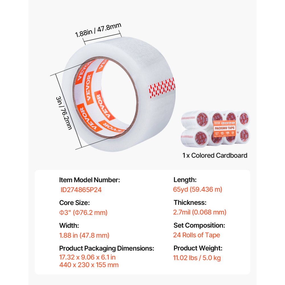 VEVOR Clear Packing Tape, 3 inches Core, 24 Rolls 1.88 Inches x 65 Yards Packing Tape, 2.7 Mil Thick, Heavy Duty Packaging Tape Designed for Moving, Storage and Packing, Shipping and Mailing, Office