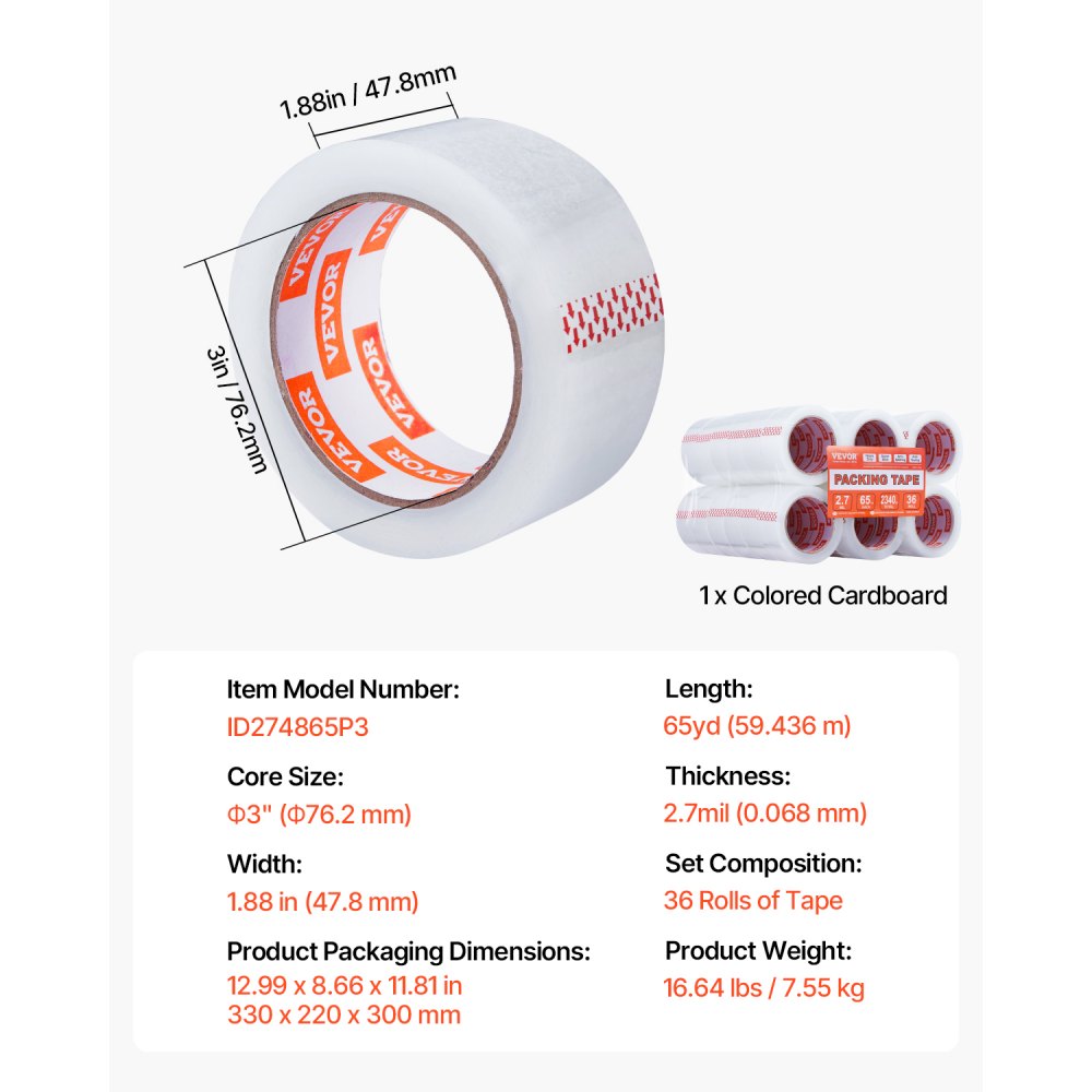 VEVOR Clear Packing Tape, 3 inches Core, 36 Rolls 1.88 Inches x 65 Yards Packing Tape, 2.7 Mil Thick, Heavy Duty Packaging Tape Designed for Moving, Storage and Packing, Shipping and Mailing, Office