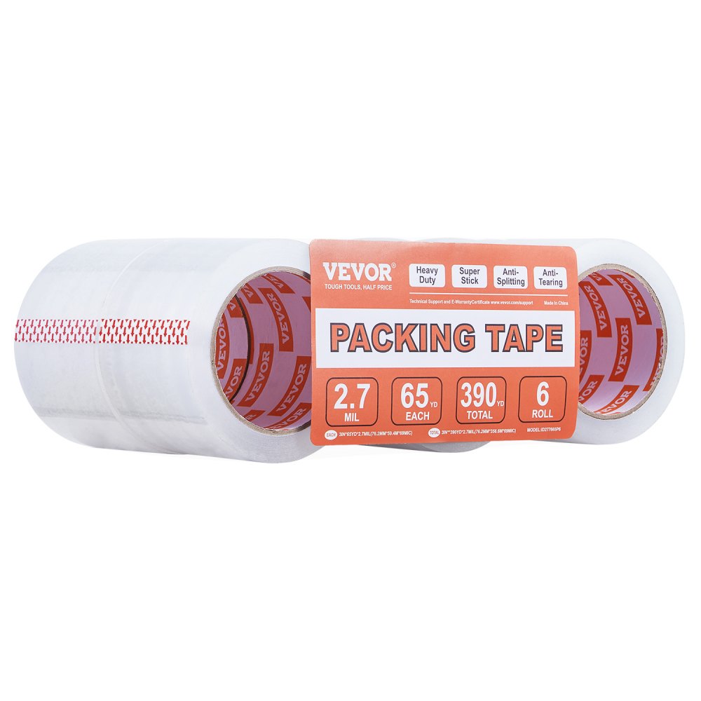 VEVOR Clear Packing Tape, 3 inches Core, 6 Rolls 3 Inches x 65 Yards Packing Tapes, 2.7 Mil Thick, Heavy Duty Packaging Tape Designed for Moving, Storage and Packing, Shipping and Mailing, Office