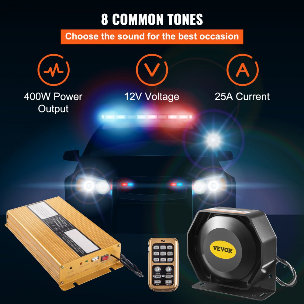 VEVOR Police Siren PA System, 400W 8 Sound Loud Car Warning, Police Fire Emergency Alarm Fire Siren, 2 Horn PA Speaker MIC System Vehicle Siren