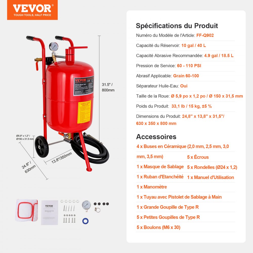 VEVOR 10Gal/40L Sandblaster Equipped with Nozzle Shut-Off Valve Pressure Gauge Ceramic Nozzle 2.5m Hose Filling Funnel Watertrap 6\" Rubber Wheels Grit Power Sand Blasters Portable Sandblasting Equipm