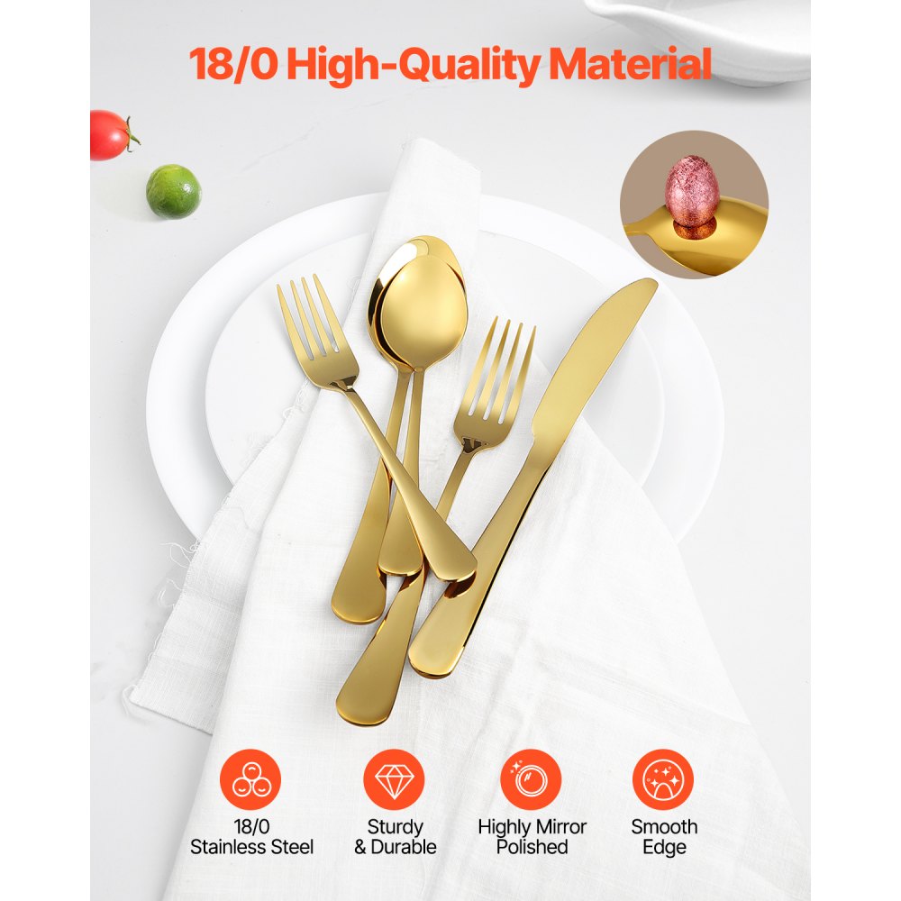 VEVOR 100-Piece Gold Silverware Set, Food-Grade Stainless Steel Flatware Utensils for 20, Mirror Finished Cutlery Set, Dishwasher Safe Eating Tableware for Kitchen Home, Include Knife Fork Spoon