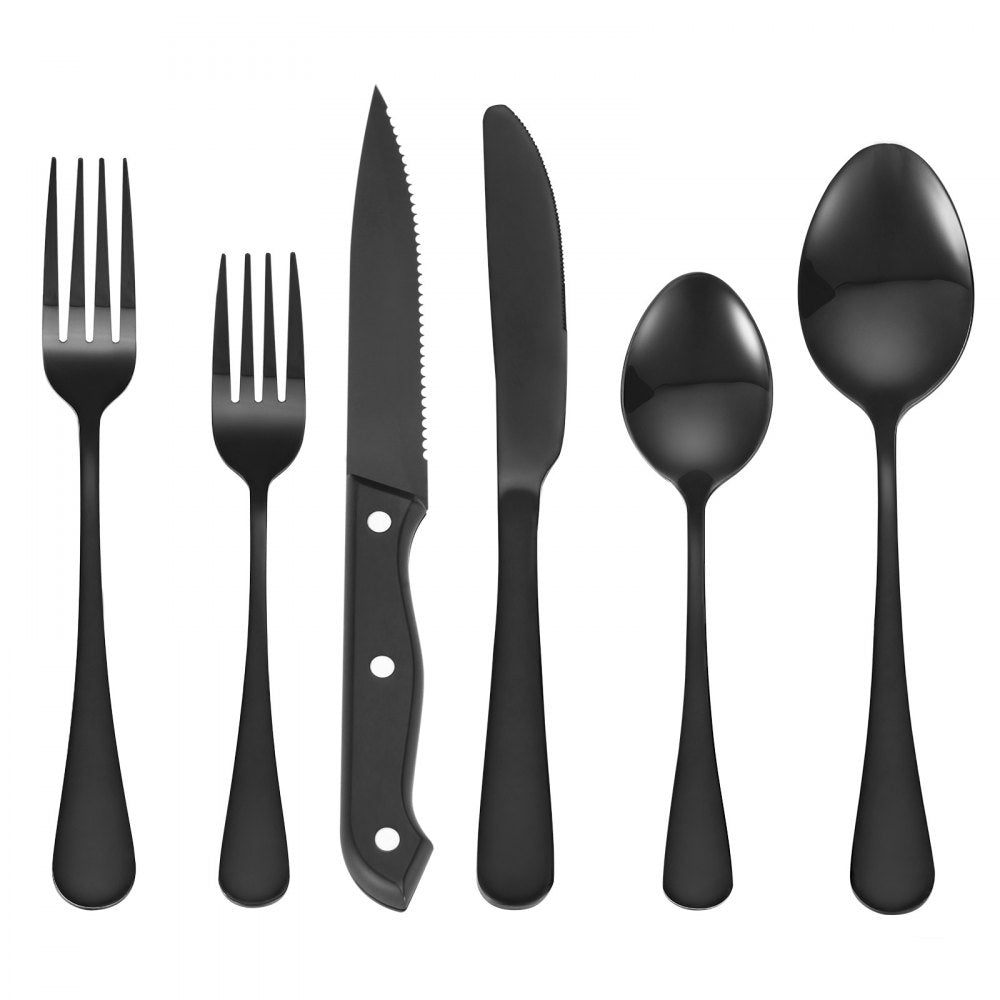 VEVOR 48-Piece Black Silverware Set with Steak Knives, Food-Grade Stainless Steel Flatware Utensils for 8, Mirror Finished Cutlery Set, Dishwasher Safe Eating Tableware for Kitchen Home, Service for 8