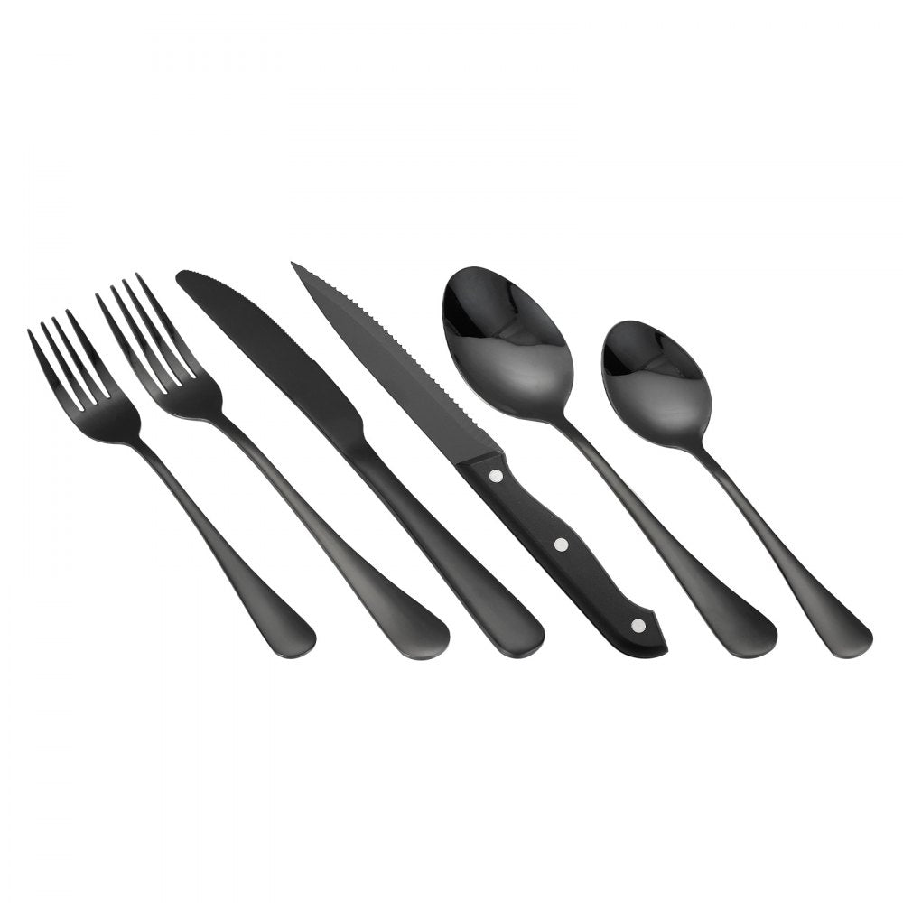 VEVOR 48-Piece Black Silverware Set with Steak Knives, Food-Grade Stainless Steel Flatware Utensils for 8, Mirror Finished Cutlery Set, Dishwasher Safe Eating Tableware for Kitchen Home, Service for 8