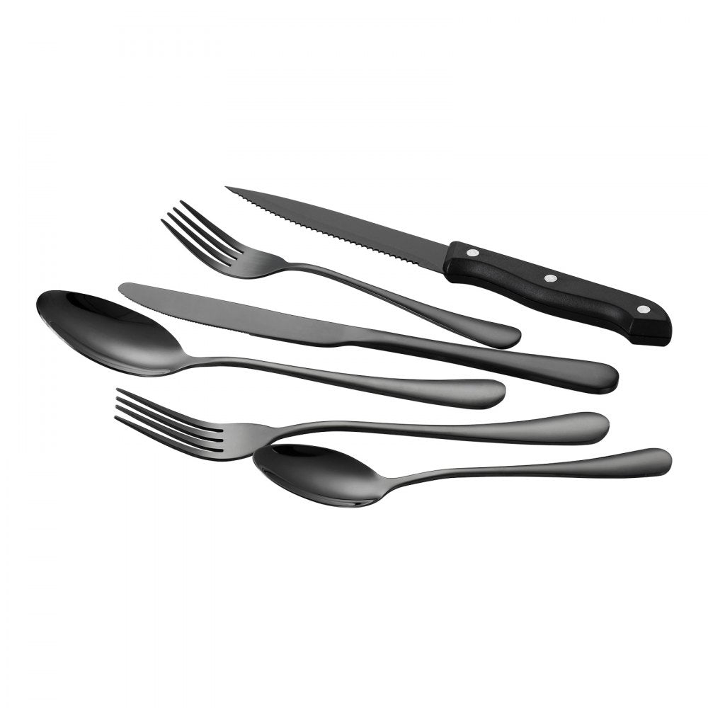 VEVOR 48-Piece Black Silverware Set with Steak Knives, Food-Grade Stainless Steel Flatware Utensils for 8, Mirror Finished Cutlery Set, Dishwasher Safe Eating Tableware for Kitchen Home, Service for 8