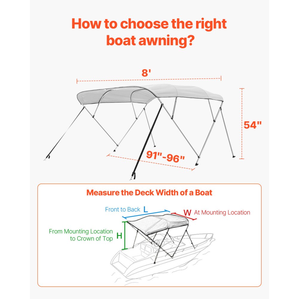 VEVOR 4 Bow Boat Bimini Tops, 600D Polyester Canopy with Aluminum Alloy Frame, Waterproof & Sun Shade Boat Awning Canopy with Storage Bag, 2 Support Poles, 4 Straps, 8'Lx(91"-96")Wx54"H, Light Grey