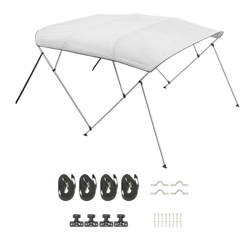 VEVOR 4 Bow Boat Bimini Tops, 600D Polyester Canopy with Aluminum Alloy Frame, Waterproof & Sun Shade Boat Awning Canopy with Storage Bag, 2 Support Poles, 4 Straps, 8'Lx(91"-96")Wx54"H, Light Grey