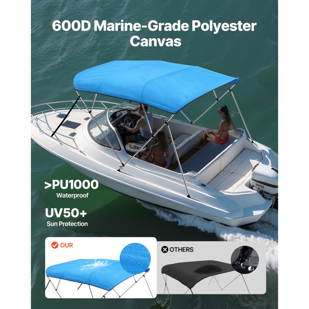 VEVOR 4 Bow Boat Bimini Tops, 600D Polyester Canopy with Aluminum Alloy Frame, Waterproof & Sun Shade Boat Awning Canopy with Storage Bag, 2 Support Poles, 4 Straps, 96"Lx(67"-72")Wx54"H, Pacific Blue