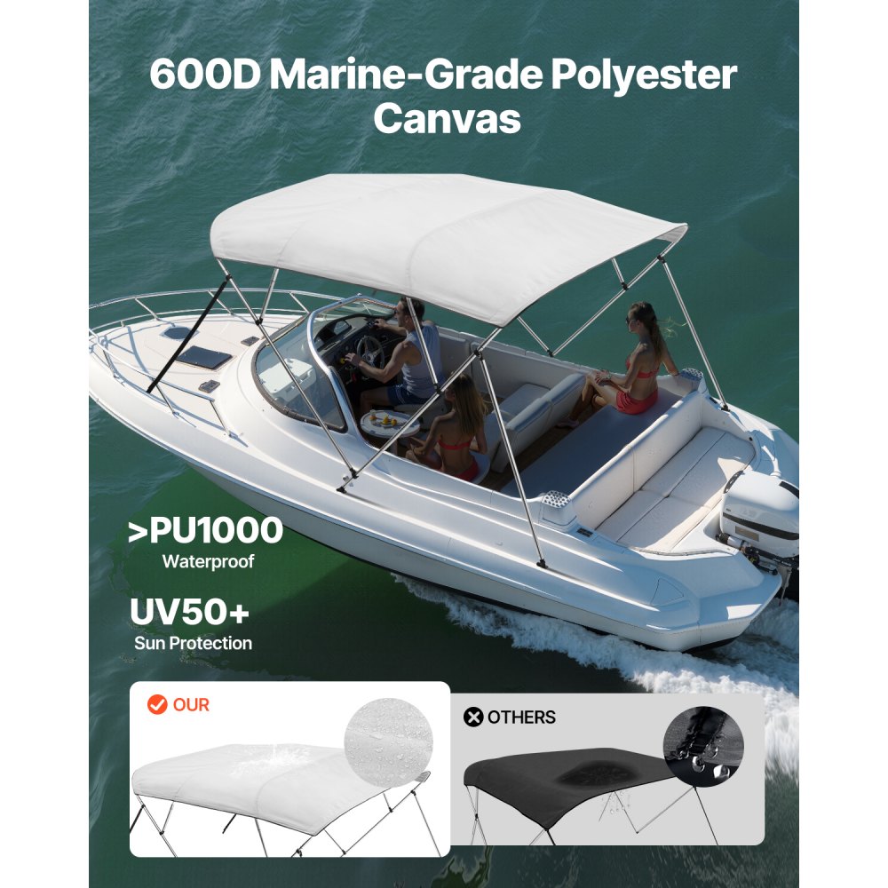 VEVOR 4 Bow Boat Bimini Tops, 600D Polyester Canopy with Aluminum Alloy Frame, Waterproof & Sun Shade Boat Awning Canopy with Storage Bag, 2 Support Poles, 4 Straps, 96"Lx(73"-78")Wx54"H, Light Grey