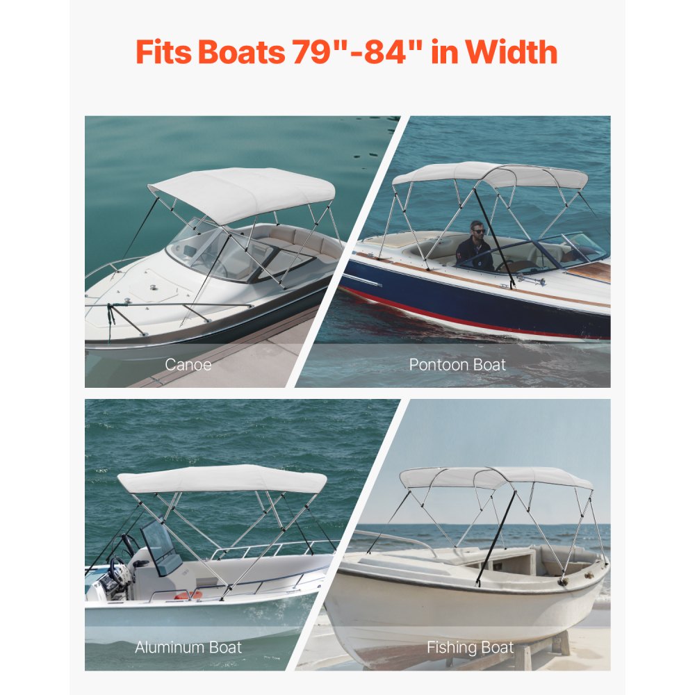 VEVOR 4 Bow Boat Bimini Tops, 600D Polyester Canopy with Aluminum Alloy Frame, Waterproof & Sun Shade Boat Awning Canopy with Storage Bag, 2 Support Poles, 4 Straps, 96"Lx(79"-84")Wx54"H, Light Grey
