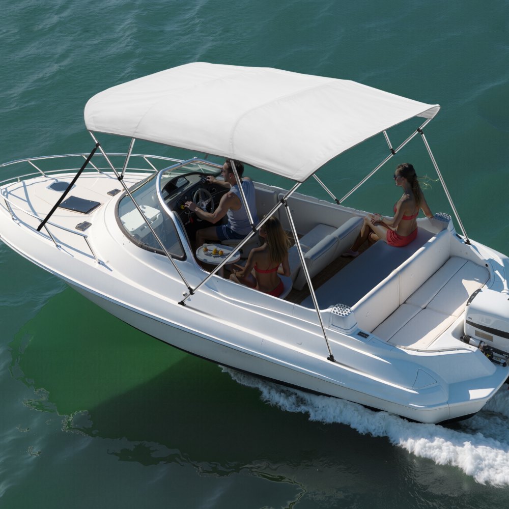 VEVOR 4 Bow Boat Bimini Tops, 600D Polyester Canopy with Aluminum Alloy Frame, Waterproof & Sun Shade Boat Awning Canopy with Storage Bag, 2 Support Poles, 4 Straps, 96"Lx(79"-84")Wx54"H, Light Grey