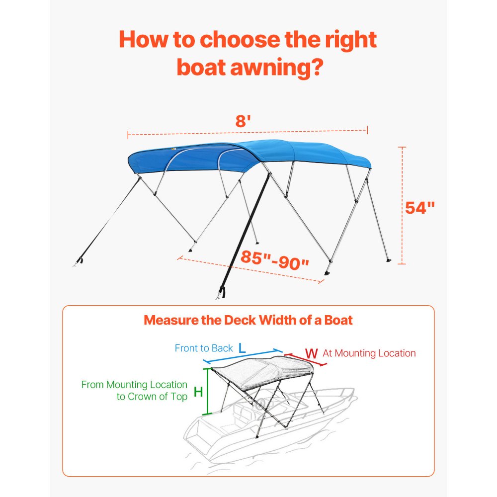 VEVOR 4 Bow Boat Bimini Tops, 600D Polyester Canopy with Aluminum Alloy Frame, Waterproof & Sun Shade Boat Awning Canopy with Storage Bag, 2 Support Poles, 4 Straps, 96"Lx(85"-90")Wx54"H, Pacific Blue