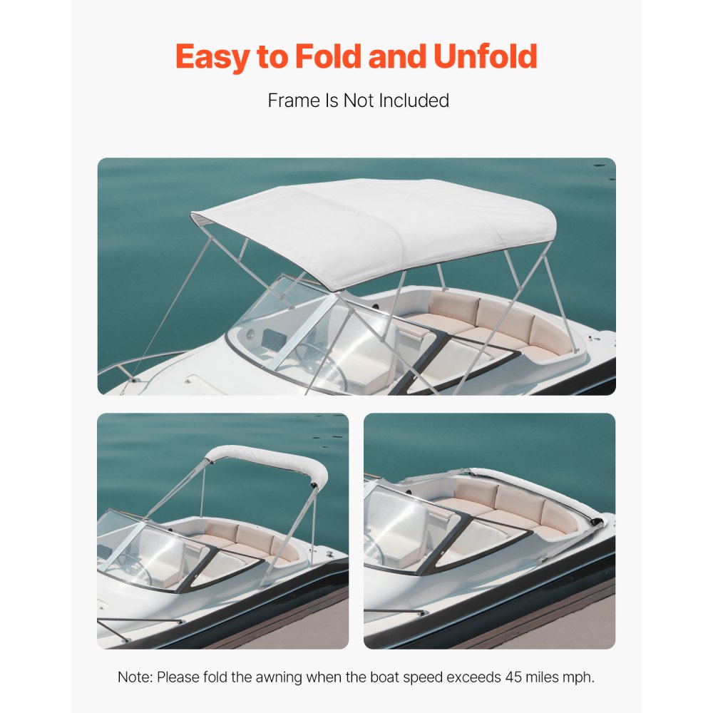 VEVOR 4 Bow Boat Bimini Tops, 600D Polyester Canopy, Waterproof & Sun Protection Boat Awning Canopy with Storage Bag, Bimini Top Replacement, 96"Lx(91"-96")W, Light Grey (Support Frame Not Included)