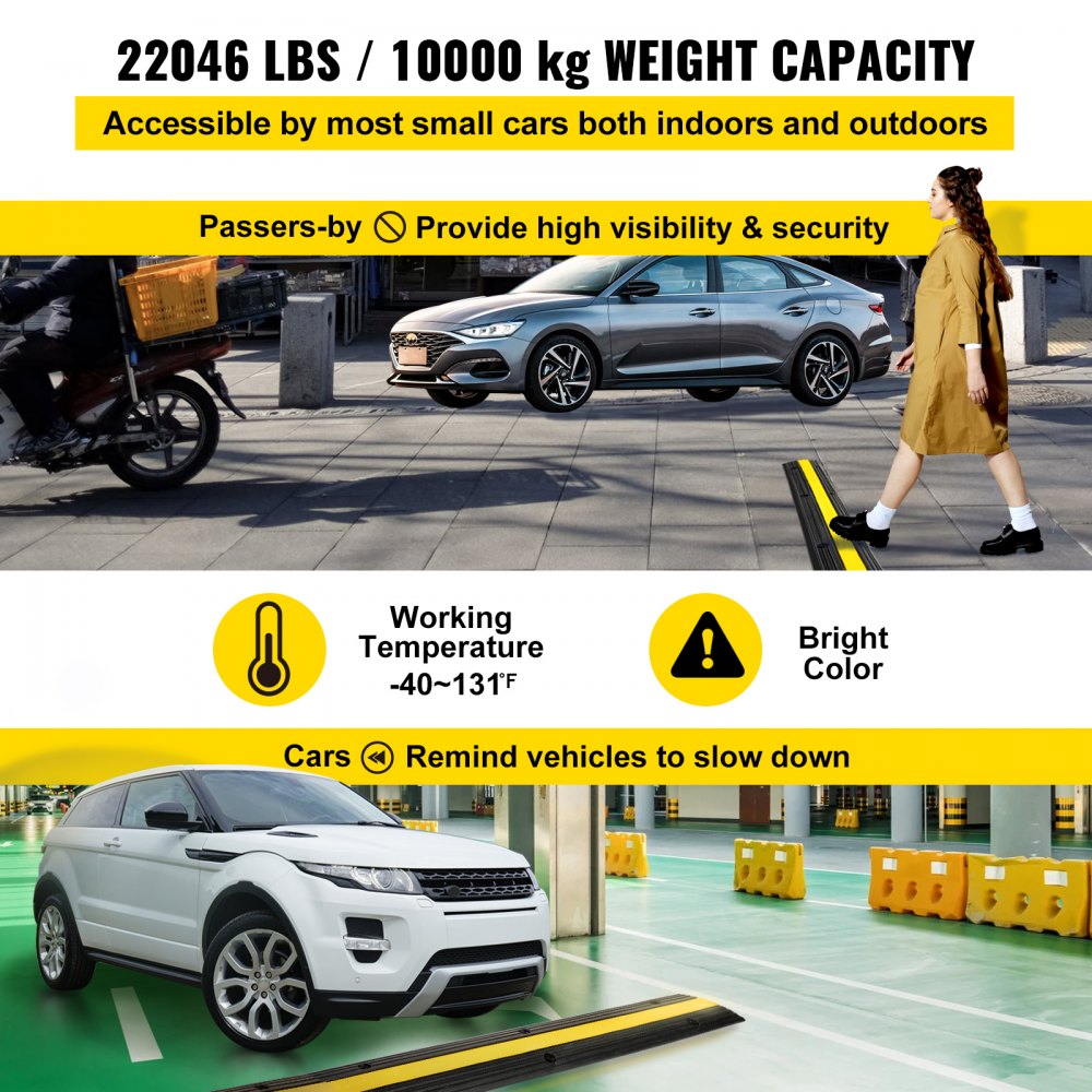 VEVOR 4 Pack of 1-Channel Rubber Cable Protector Ramps Heavy Duty 22046Lbs Load Capacity Cable Wire Cord Cover Ramp Speed Bump Driveway Hose Cable Ramp Protective Cover