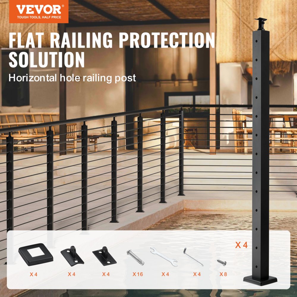 VEVOR 4-Pack Cable Railing Post, 42" x 2" x 2" Steel Horizontal Hole Deck Railing Post, 13 Pre-Drilled Holes, SUS304 Stainless Steel Cable Rail Post with Horizontal and Curved 4JZLGZ106755EAEN9V0