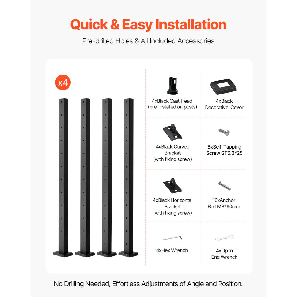 VEVOR 4-Pack Cable Railing Post, 42x1x2 In Horizontal-Hole Deck Railing Post with Pre-Drilled Holes, Stainless Steel Cable Rail Post with Horizontal and Curved Bracket, Black, 4JZLGZXHS106REP67001V0