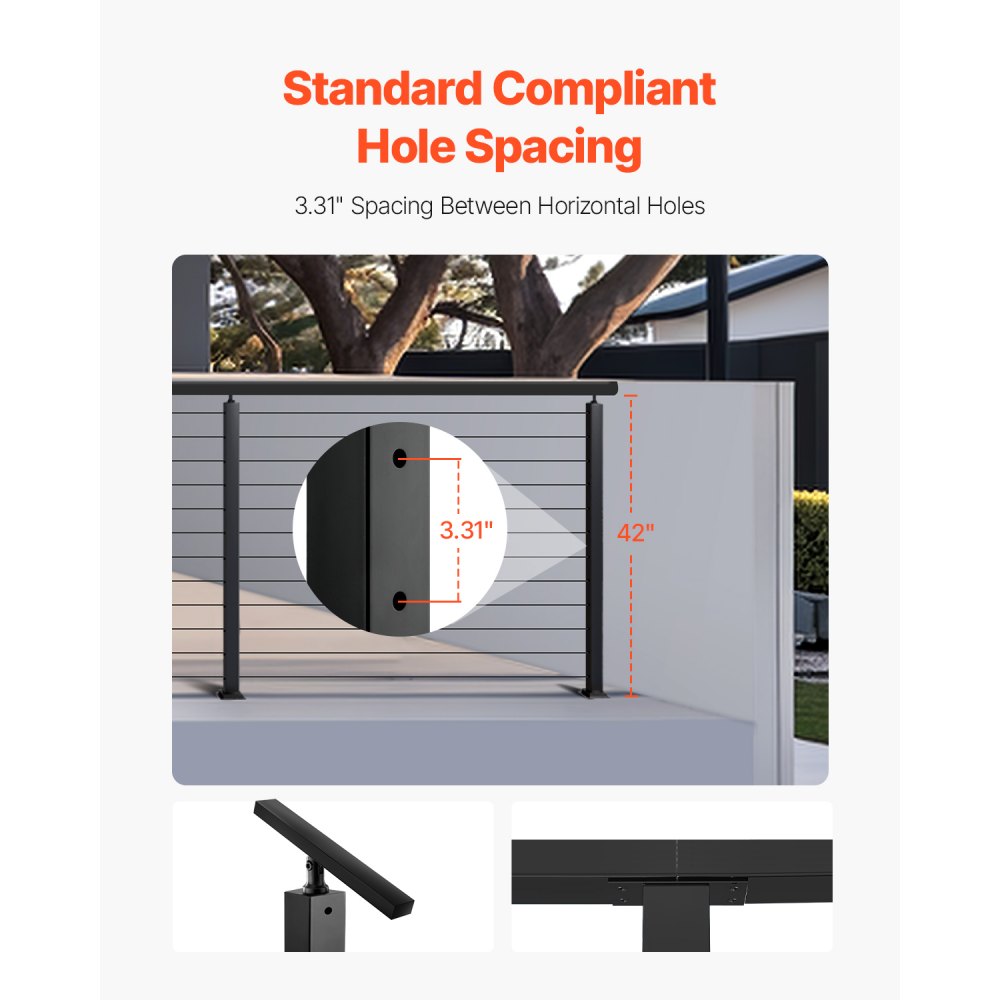 VEVOR 4-Pack Cable Railing Post, 42x2x2 In Horizontal-Hole Deck Railing Post with Pre-Drilled Holes, Stainless Steel Cable Rail Post with Horizontal and Curved Bracket, Black, 4JZLGZXHS106URZU0001V0