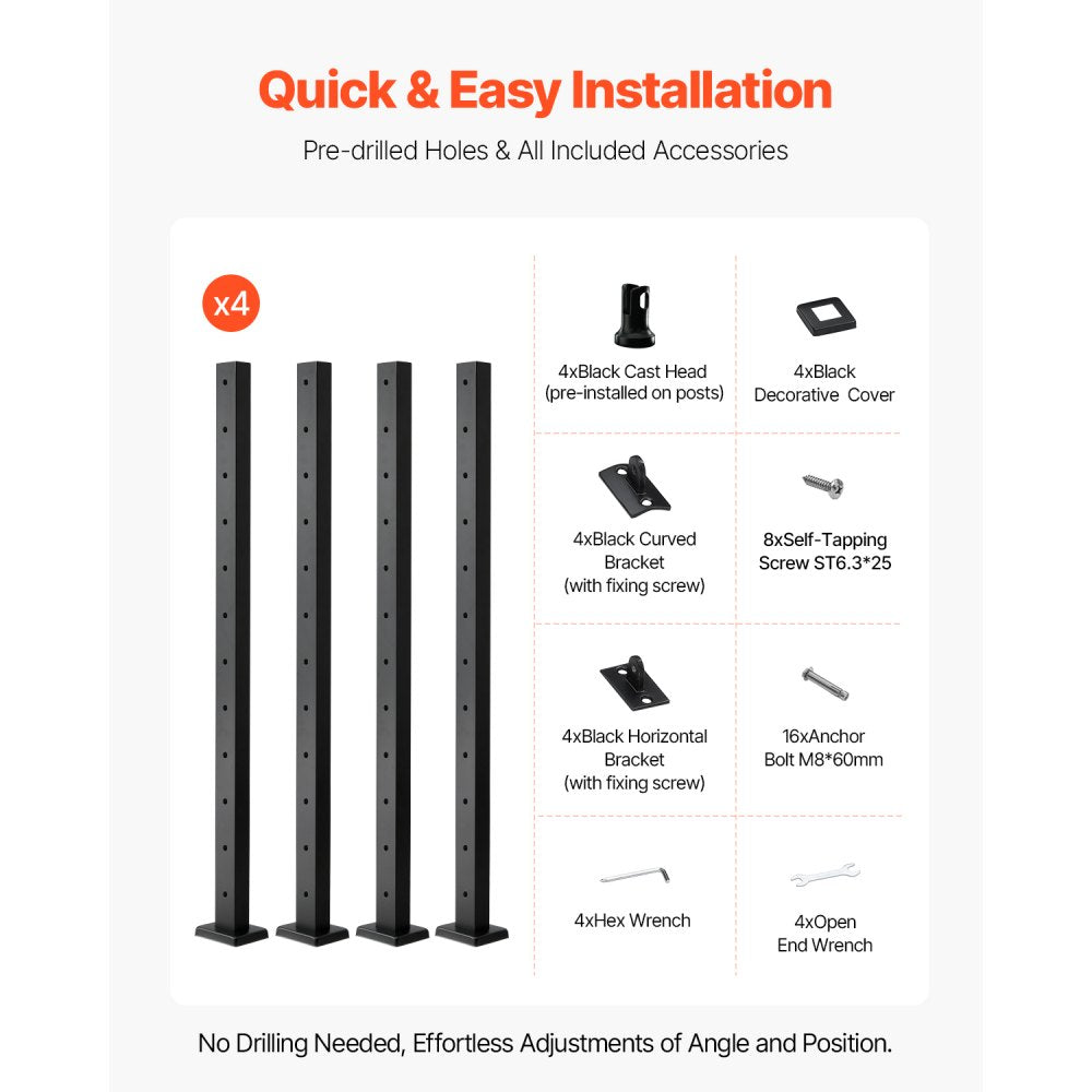 VEVOR 4-Pack Cable Railing Post, 42x2x2 In Horizontal-Hole Deck Railing Post with Pre-Drilled Holes, Stainless Steel Cable Rail Post with Horizontal and Curved Bracket, Black, 4JZLGZXHS106URZU0001V0