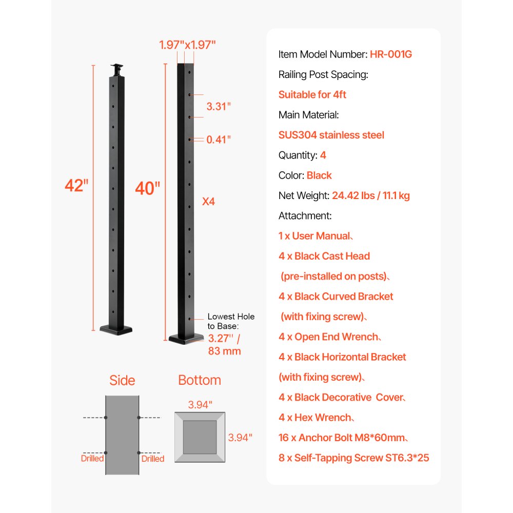 VEVOR 4-Pack Cable Railing Post, 42x2x2 In Horizontal-Hole Deck Railing Post with Pre-Drilled Holes, Stainless Steel Cable Rail Post with Horizontal and Curved Bracket, Black, 4JZLGZXHS106URZU0001V0