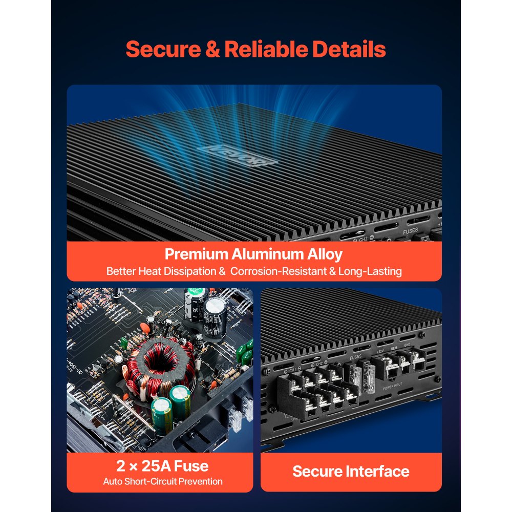 VEVOR 4 Channel Car Audio Amplifier 2 Ohm Stable Bridgeable Class A/B Full Range Amp Max Power 4 x 200W @ 4 Ohm / 4 x 400W @ 2 Ohm for Car SUV Truck Off-Road