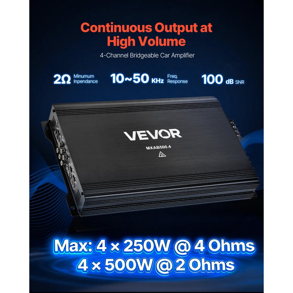VEVOR 4 Channel Car Audio Amplifier 2 Ohm Stable Bridgeable Class A/B Full Range Amp Max Power 4 x 250W @ 4 Ohm / 4 x 500W @ 2 Ohm for Car SUV Truck Off-Road