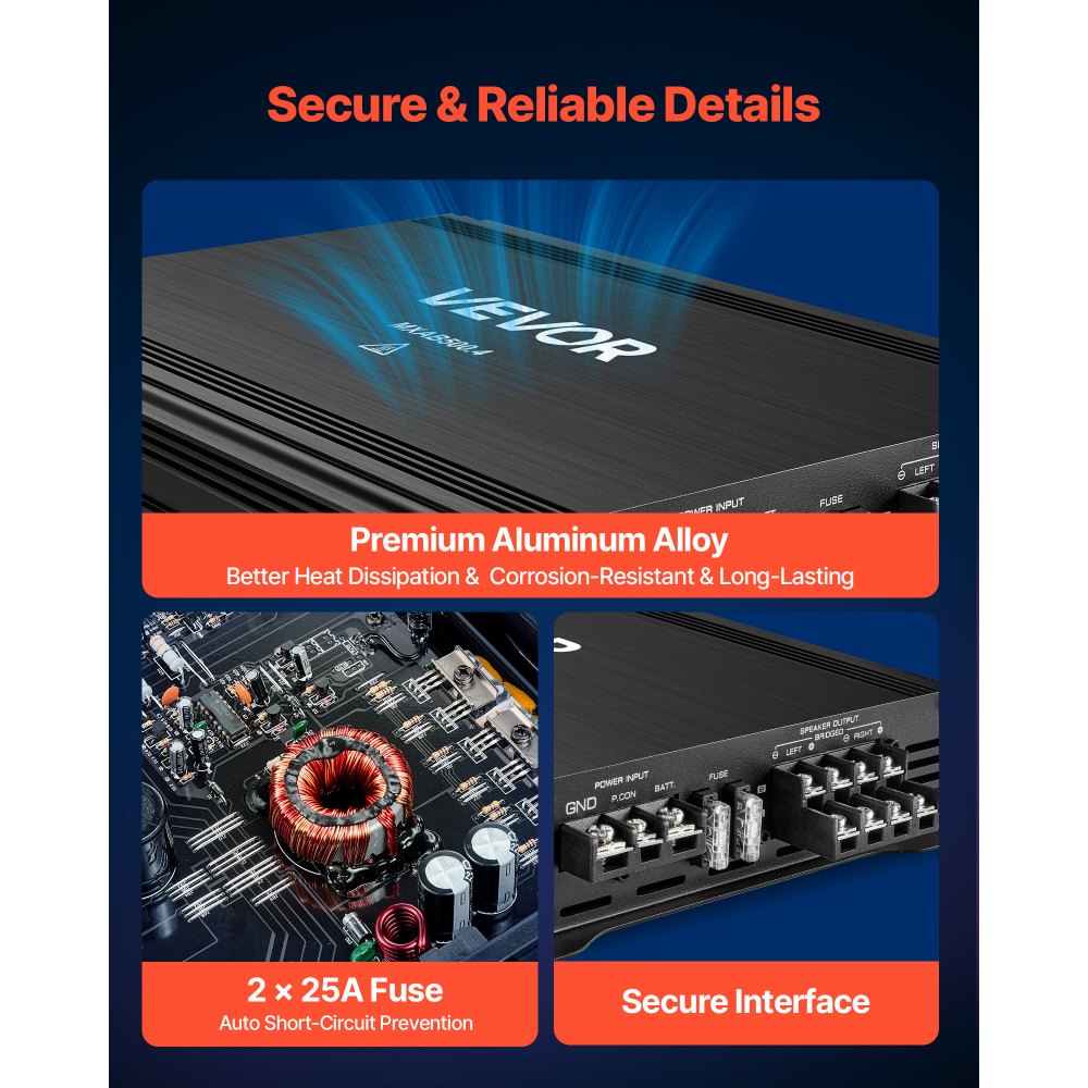 VEVOR 4 Channel Car Audio Amplifier 2 Ohm Stable Bridgeable Class A/B Full Range Amp Max Power 4 x 250W @ 4 Ohm / 4 x 500W @ 2 Ohm for Car SUV Truck Off-Road