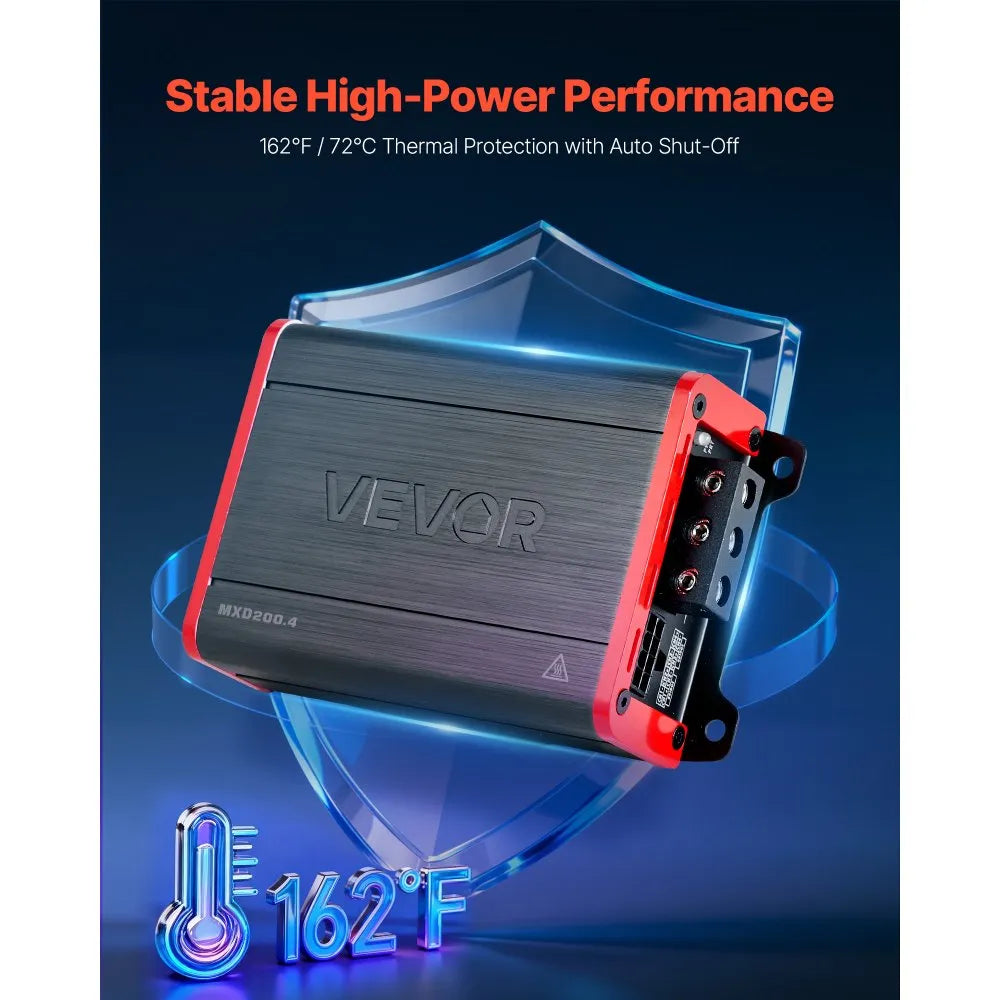 VEVOR 4 Channel Car Audio Amplifier 2 Ohm Stable Bridgeable Class D Full Range Amp Max Power 4 x 120W @ 4 Ohm / 4 x 200W @ 2 Ohm for Car SUV Truck Off-Road