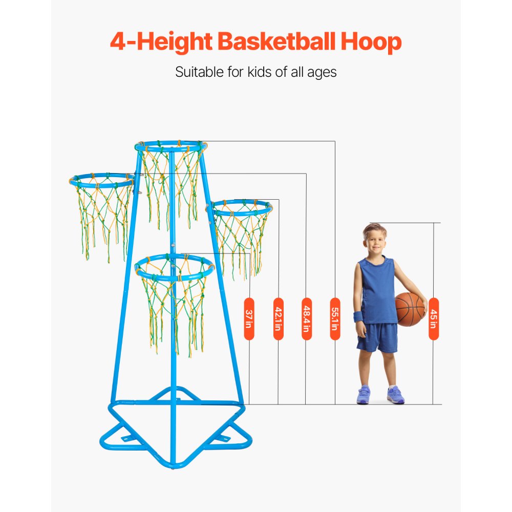 VEVOR Kids Basketball Hoop, 4-Hoop Child Basketball Hoops, Portable Basketball Stand with Adjustable Heights and 3 Balls, Indoor and Outdoor Basketball Toy Set for Children of All Ages, Boys & Girls