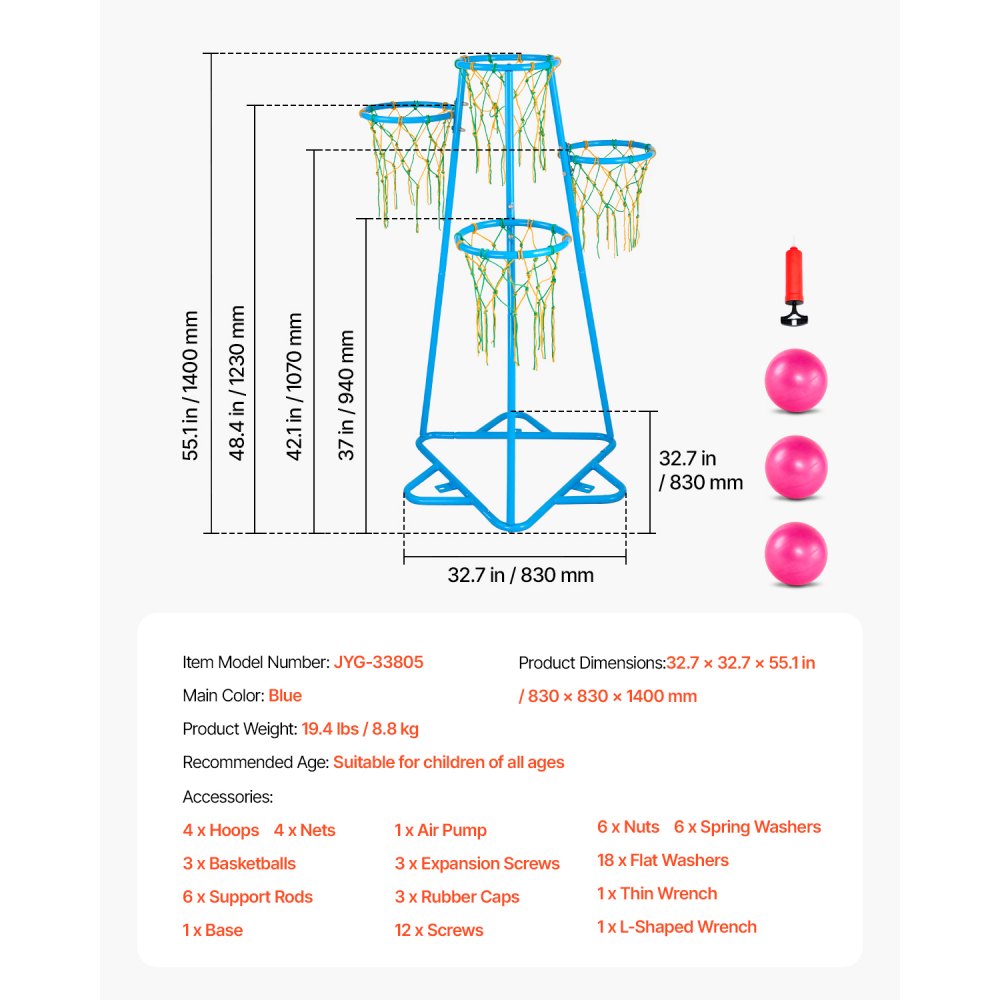 VEVOR Kids Basketball Hoop, 4-Hoop Child Basketball Hoops, Portable Basketball Stand with Adjustable Heights and 3 Balls, Indoor and Outdoor Basketball Toy Set for Children of All Ages, Boys & Girls