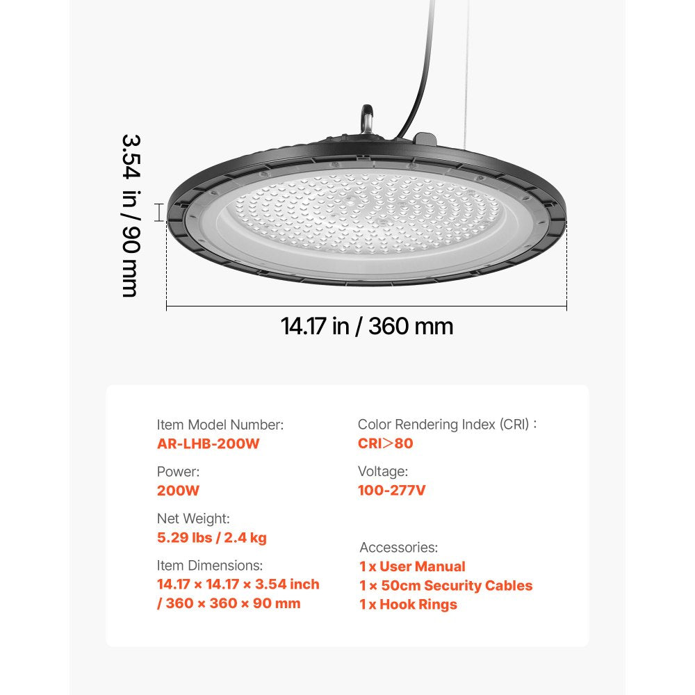VEVOR 6 Pack LED High Bay Lights, 5000K 200W 30000LM Super Bright UFO LED Warehouse Shop Lights, IP65 Waterproof, 100-277V Wide Voltage for Warehouse Workshop Factory Gym Garage Barn, Black