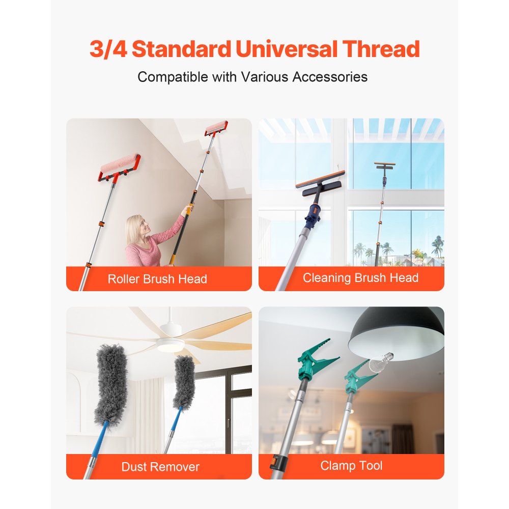 VEVOR Telescopic Extension Pole, 3.8-12 FT Multi-Purpose Extendable Pole, Sturdy Aluminum Alloy Paint Pole Extension with Flip-Lock Design, High Reach Roller Stick for Painting, Dusting and Cleaning