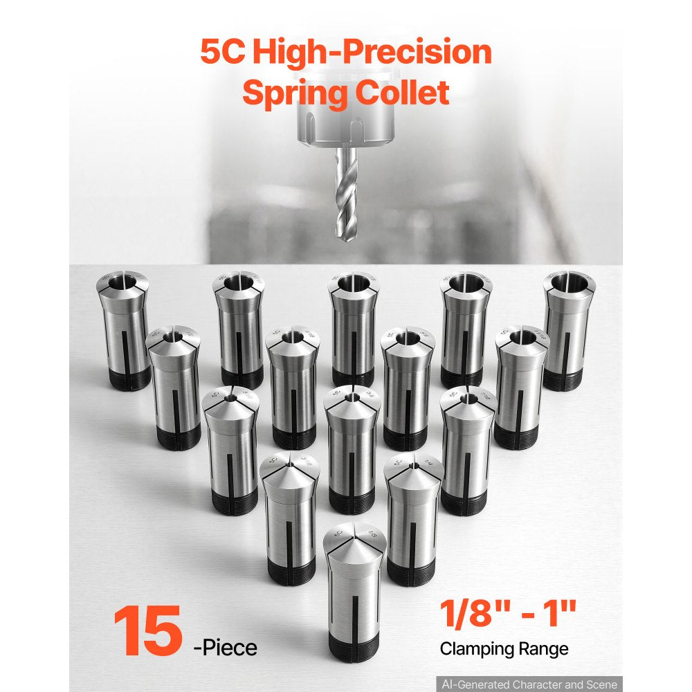 VEVOR 5C Collet Set 1/8"-1" 15 Piece Precision 5C Round Collet Chuck Set, for Milling Machine Drill Presses, 0.0008" TIR High Concentricity, Lathe Chuck Tool with Storage Case, Hardened & Ground