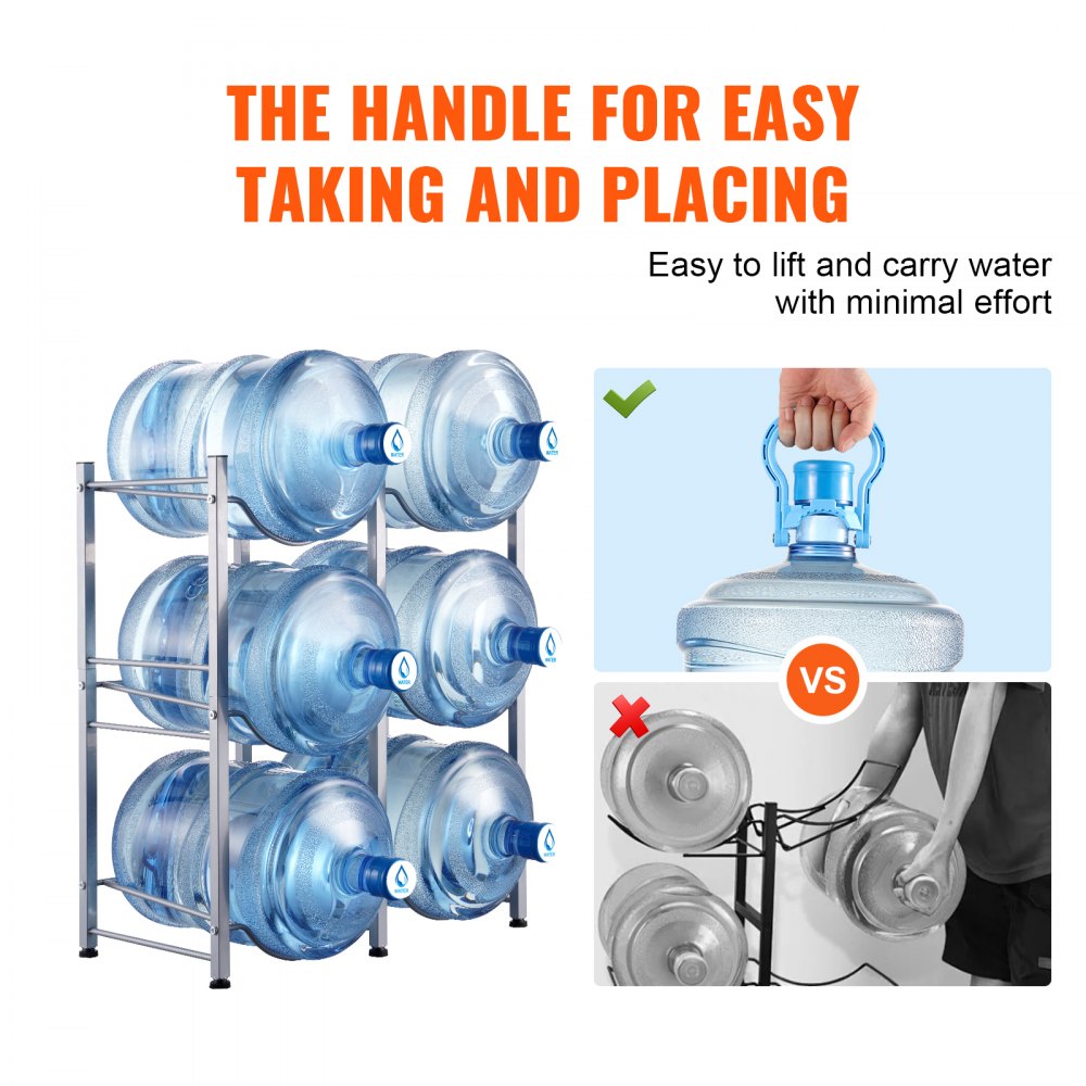 VEVOR 3 Tiers Water Jug Holder, 5 Gallon Water Bottle Holder, Double Row Water Bottle Rack for 6 Bottles, Heavy Duty Water Jug Rack for Kitchen, Office, Living Room, Silver