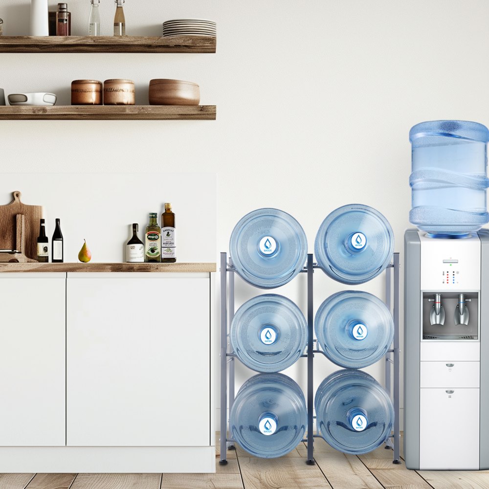 VEVOR 3 Tiers Water Jug Holder, 5 Gallon Water Bottle Holder, Double Row Water Bottle Rack for 6 Bottles, Heavy Duty Water Jug Rack for Kitchen, Office, Living Room, Silver