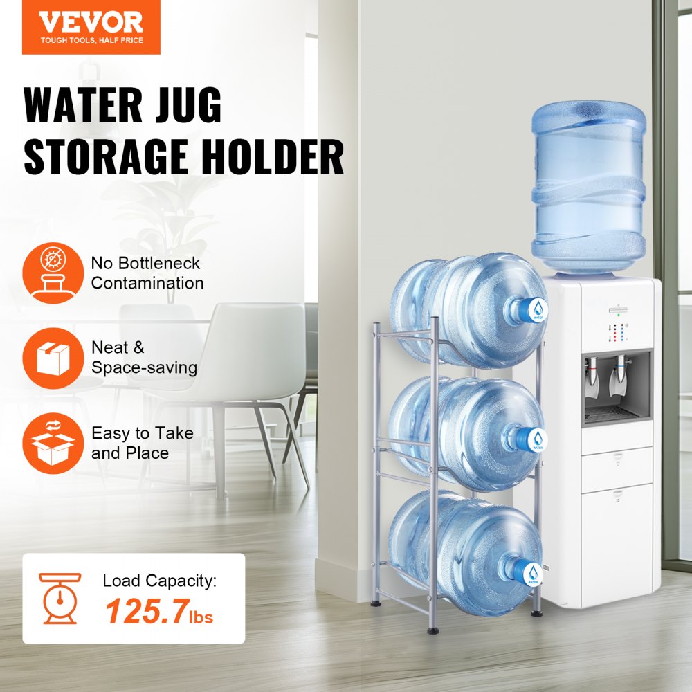 VEVOR 3 Tiers Water Jug Holder, 5 Gallon Water Bottle Holder, Single Row Water Bottle Rack for 3 Bottles, Heavy Duty Water Jug Rack for Kitchen, Office, Living Room, Silver