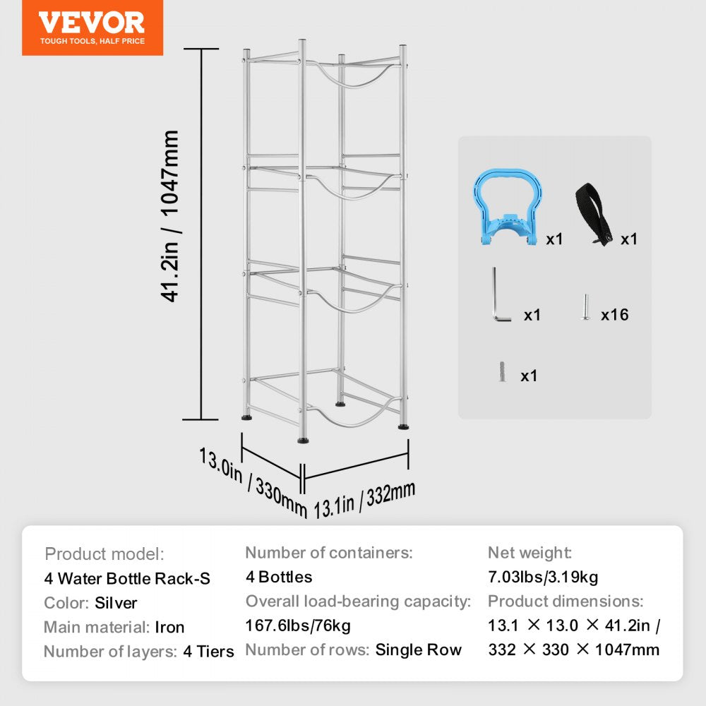 VEVOR 4 Tiers Water Jug Holder, 5 Gallon Water Bottle Holder, Single Row Water Bottle Rack for 4 Bottles, Heavy Duty Water Jug Rack for Kitchen, Office, Living Room, Silver