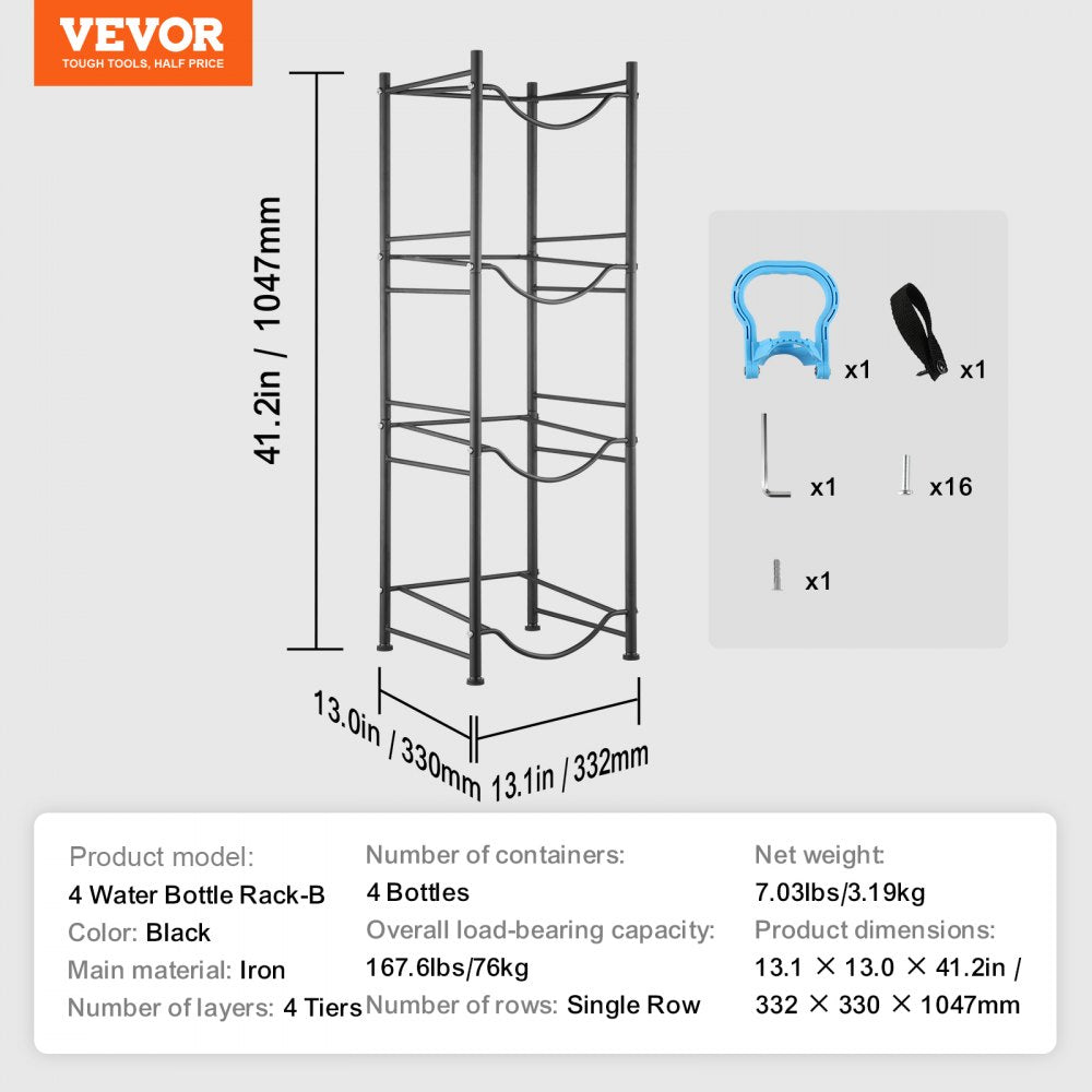 VEVOR 4 Tiers Water Jug Holder, 5 Gallon Water Bottle Holder, Single Row Water Bottle Rack for 4 Bottles, Heavy Duty Water Jug Rack for Kitchen, Office, Living Room, Black