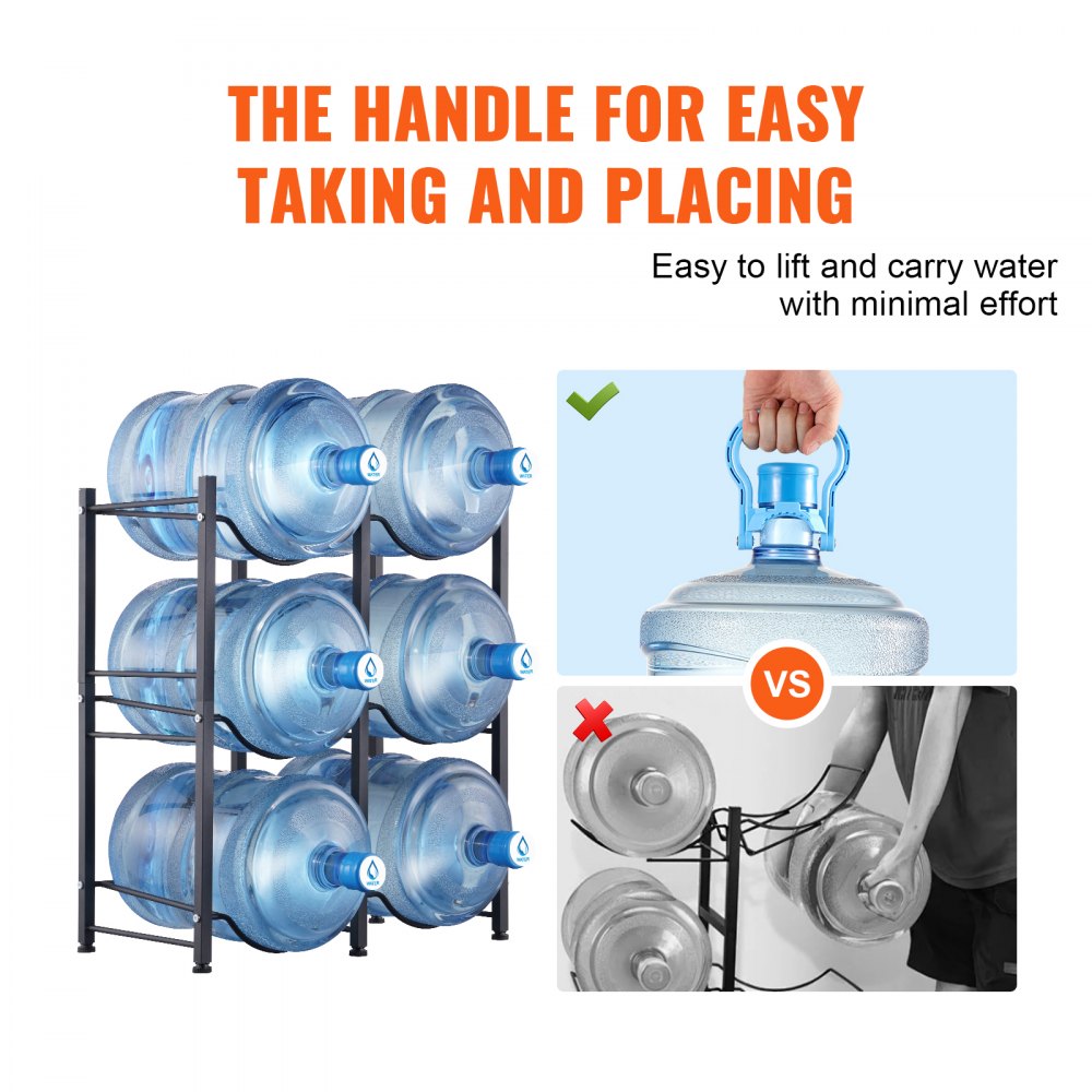 VEVOR 3 Tiers Water Jug Holder, 5 Gallon Water Bottle Holder, Double Row Water Bottle Rack for 6 Bottles, Heavy Duty Water Jug Rack for Kitchen, Office, Living Room, Black