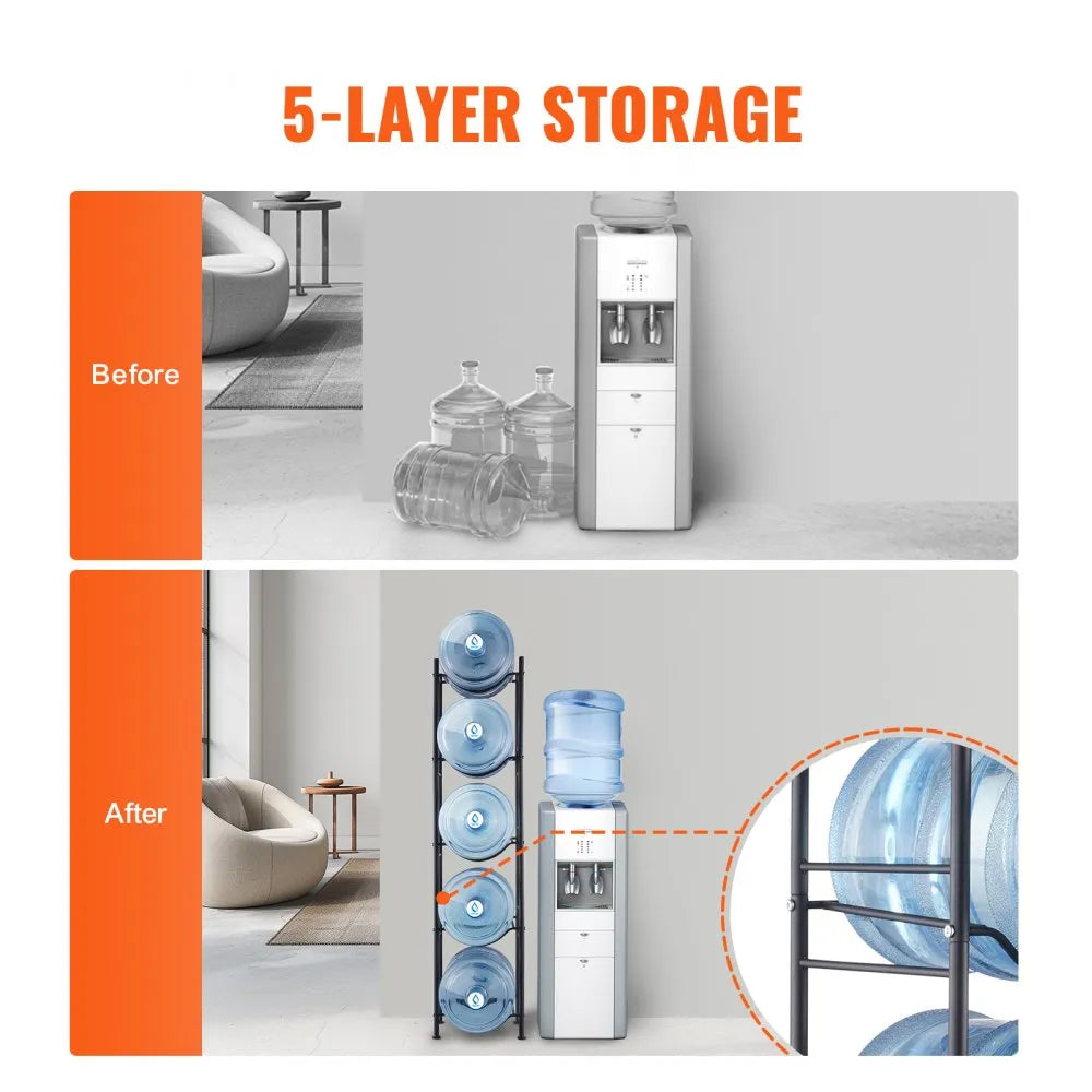 VEVOR 5 Tiers Water Jug Holder, 5 Gallon Water Bottle Holder, Single Row Water Bottle Rack for 5 Bottles, Heavy Duty Water Jug Rack for Kitchen, Office, Living Room, Black