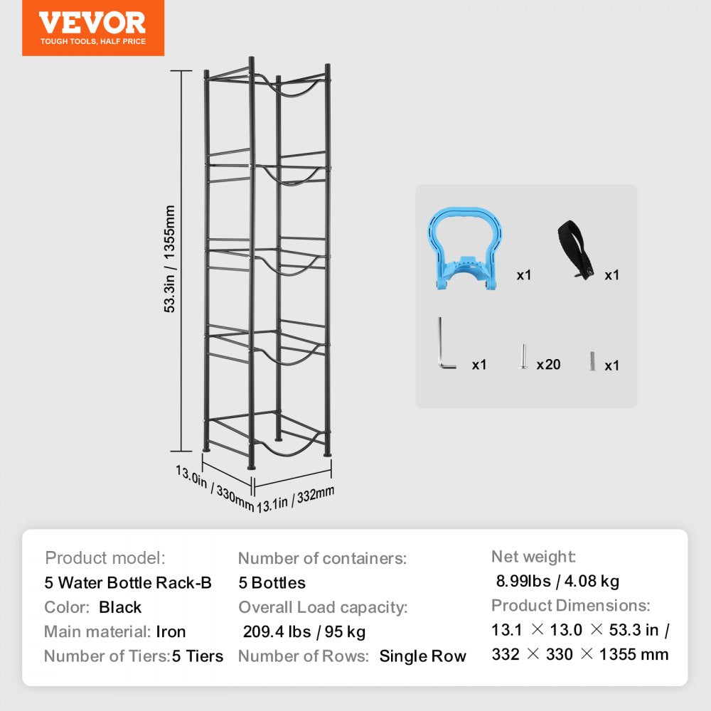 VEVOR 5 Tiers Water Jug Holder, 5 Gallon Water Bottle Holder, Single Row Water Bottle Rack for 5 Bottles, Heavy Duty Water Jug Rack for Kitchen, Office, Living Room, Black