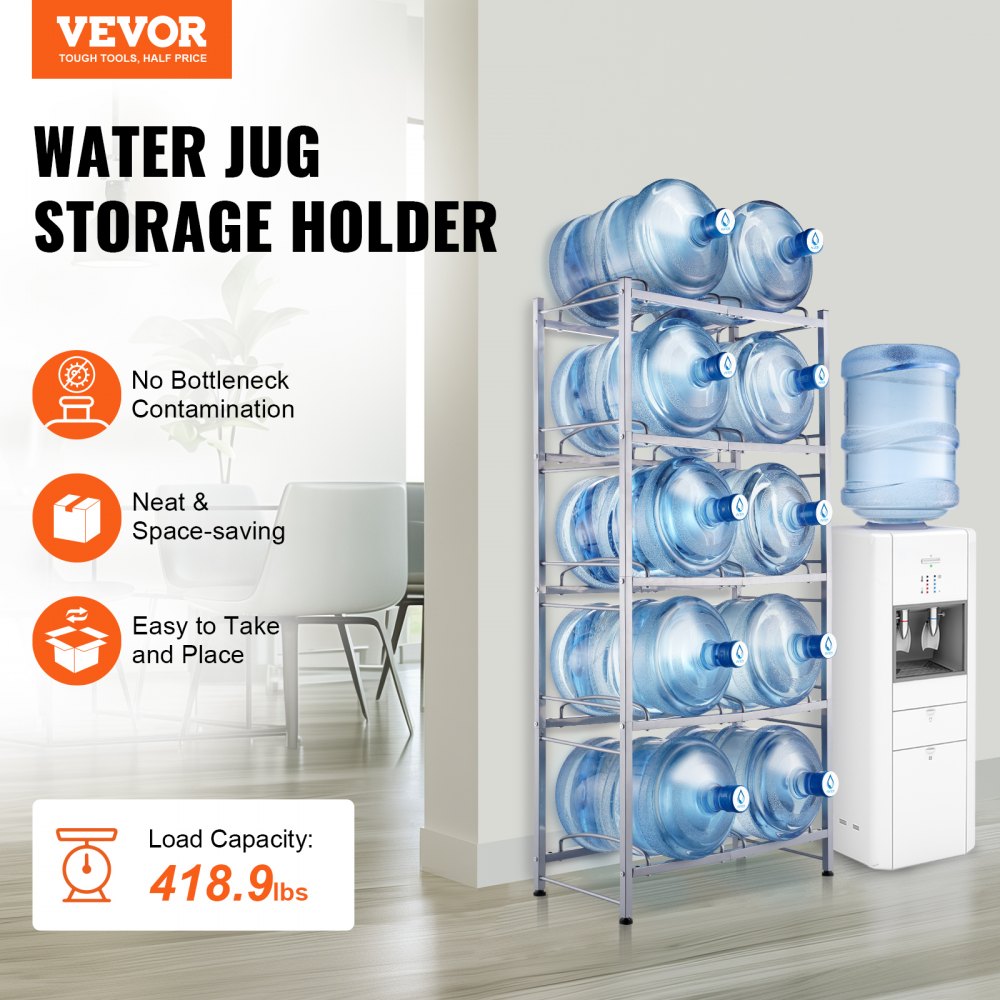 VEVOR 5 Tiers Water Jug Holder, 5 Gallon Water Bottle Holder, Double Row Water Bottle Rack for 10 Bottles, Heavy Duty Water Jug Rack for Kitchen, Office, Living Room, Silver Gray