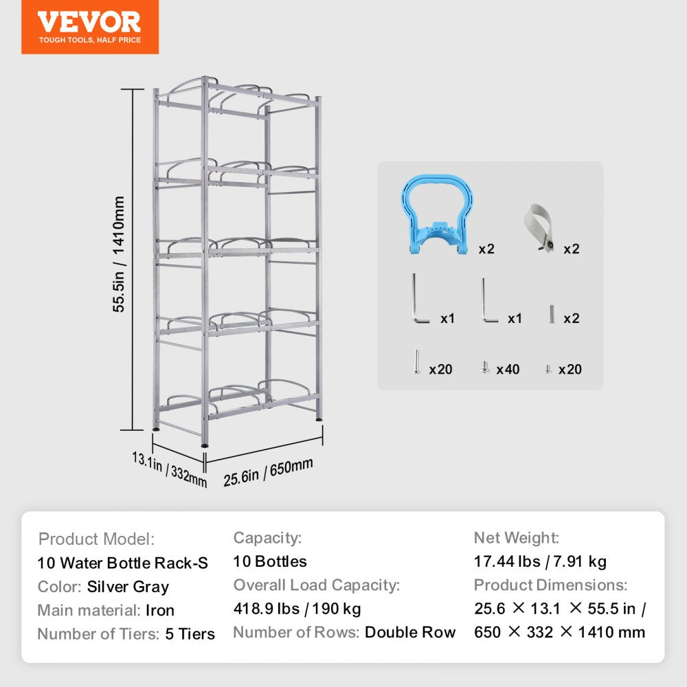 VEVOR 5 Tiers Water Jug Holder, 5 Gallon Water Bottle Holder, Double Row Water Bottle Rack for 10 Bottles, Heavy Duty Water Jug Rack for Kitchen, Office, Living Room, Silver Gray