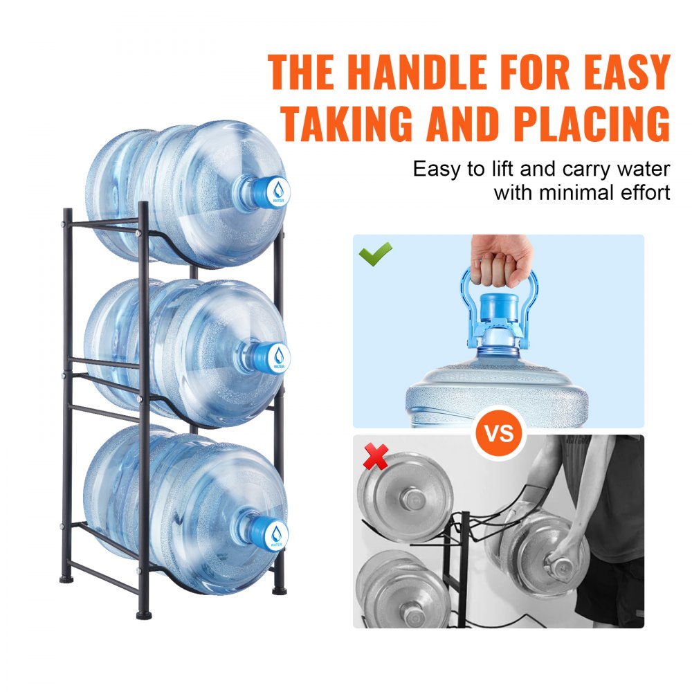 VEVOR 3 Tiers Water Jug Holder, 5 Gallon Water Bottle Holder, Single Row Water Bottle Rack for 3 Bottles, Heavy Duty Water Jug Rack for Kitchen, Office, Living Room, Black