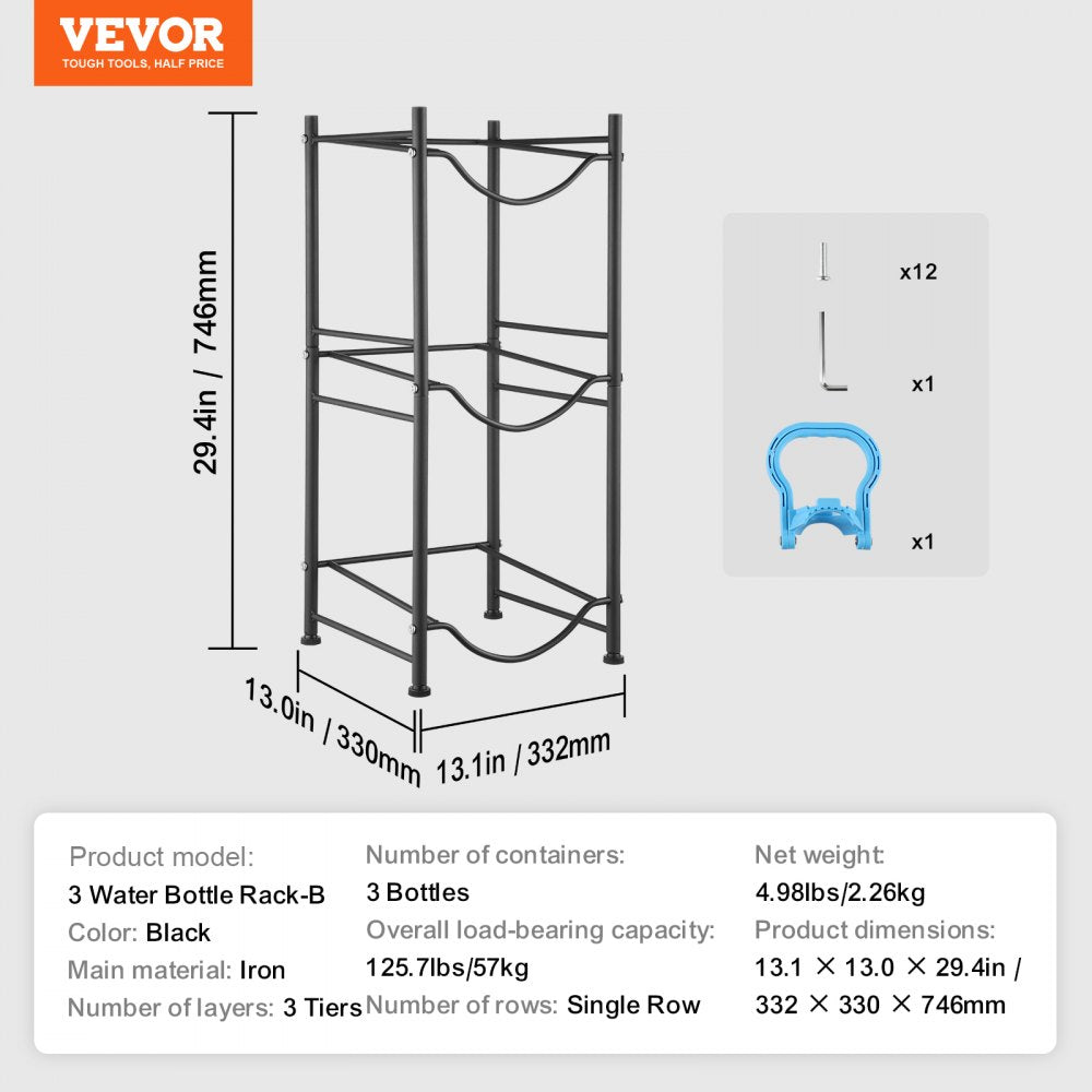 VEVOR 3 Tiers Water Jug Holder, 5 Gallon Water Bottle Holder, Single Row Water Bottle Rack for 3 Bottles, Heavy Duty Water Jug Rack for Kitchen, Office, Living Room, Black
