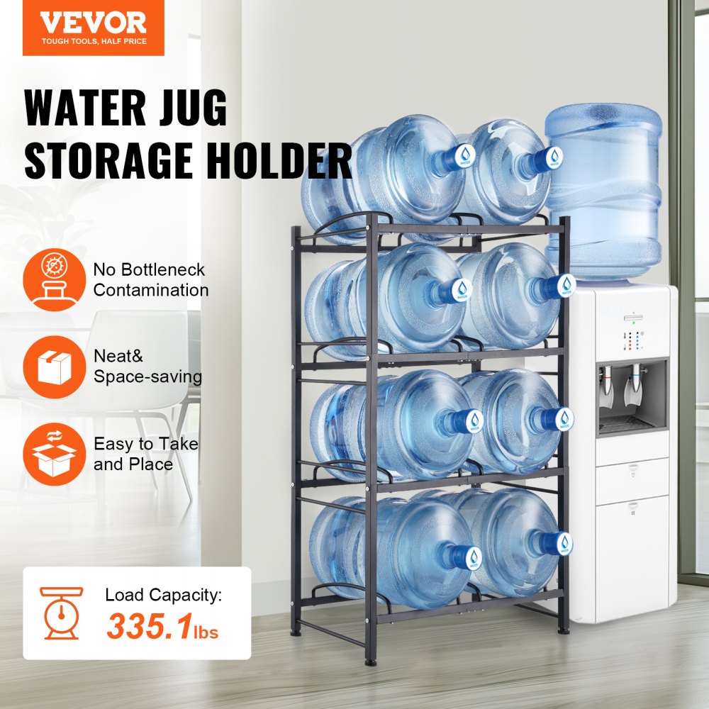 VEVOR 4 Tiers Water Jug Holder, 5 Gallon Water Bottle Holder, Double Row Water Bottle Rack for 8 Bottles, Heavy Duty Water Jug Rack for Kitchen, Office, Living Room, Black
