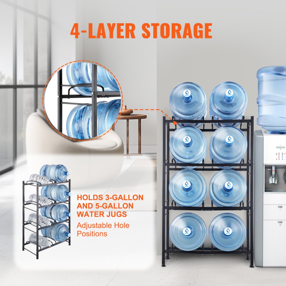 VEVOR 4 Tiers Water Jug Holder, 5 Gallon Water Bottle Holder, Double Row Water Bottle Rack for 8 Bottles, Heavy Duty Water Jug Rack for Kitchen, Office, Living Room, Black