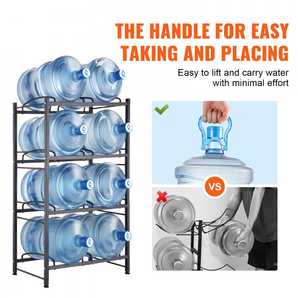 VEVOR 4 Tiers Water Jug Holder, 5 Gallon Water Bottle Holder, Double Row Water Bottle Rack for 8 Bottles, Heavy Duty Water Jug Rack for Kitchen, Office, Living Room, Black