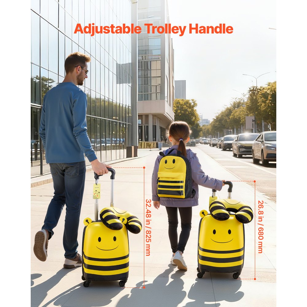 VEVOR Kids Luggage Set, 5 Piece, 18 Inch Hardside Rolling Wheels Suitcase with Backpack & U-shape Pillow, Bee Kids Carry on Luggage Set, Holiday Birthday Gift for Girls Boys, Airline Approved