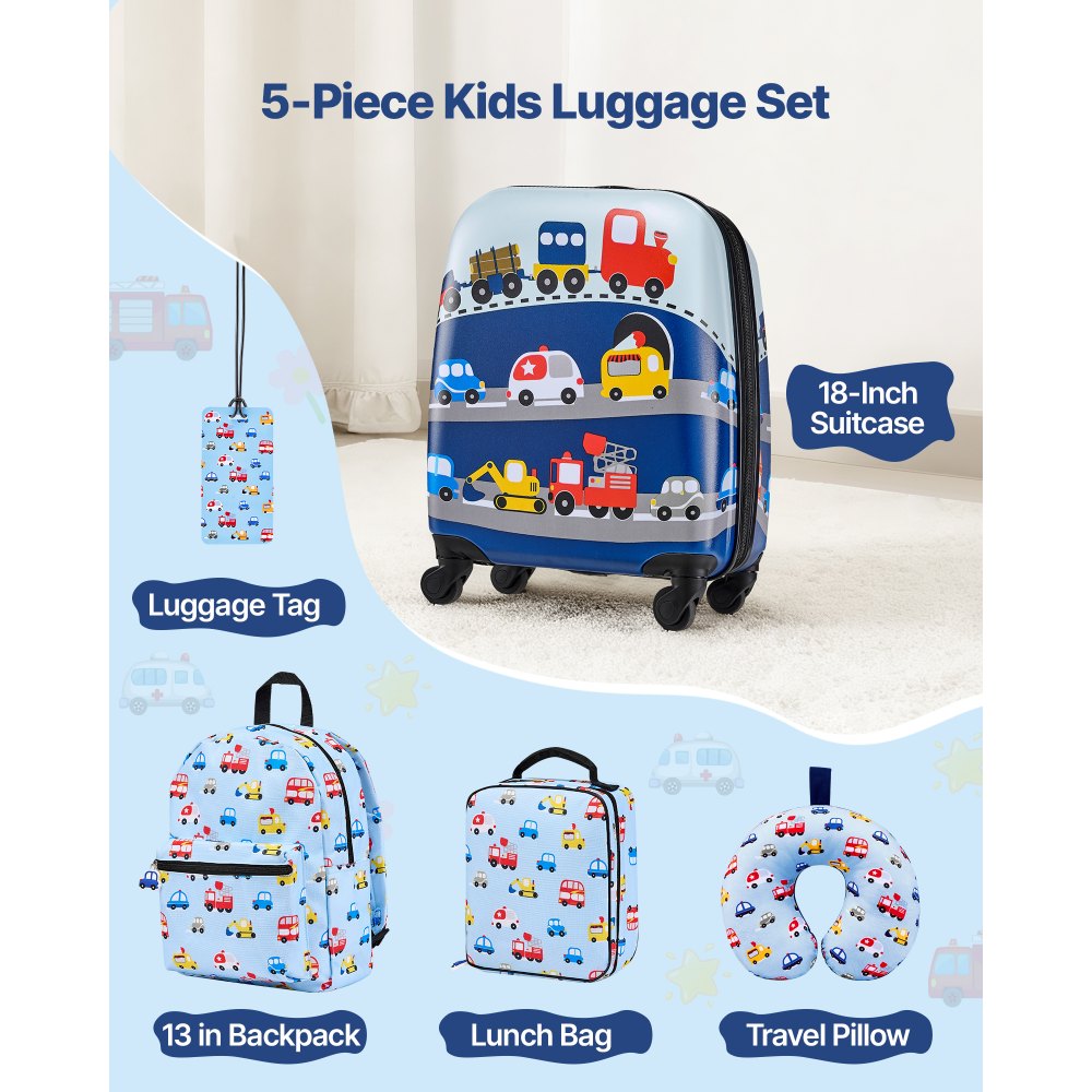 VEVOR Kids Luggage Set, 5 Piece, 18 Inch Hardside Rolling Wheels Suitcase with Backpack & U-shape Pillow, Truck Kids Carry on Luggage Set, Holiday Birthday Gift for Girls Boys, Airline Approved